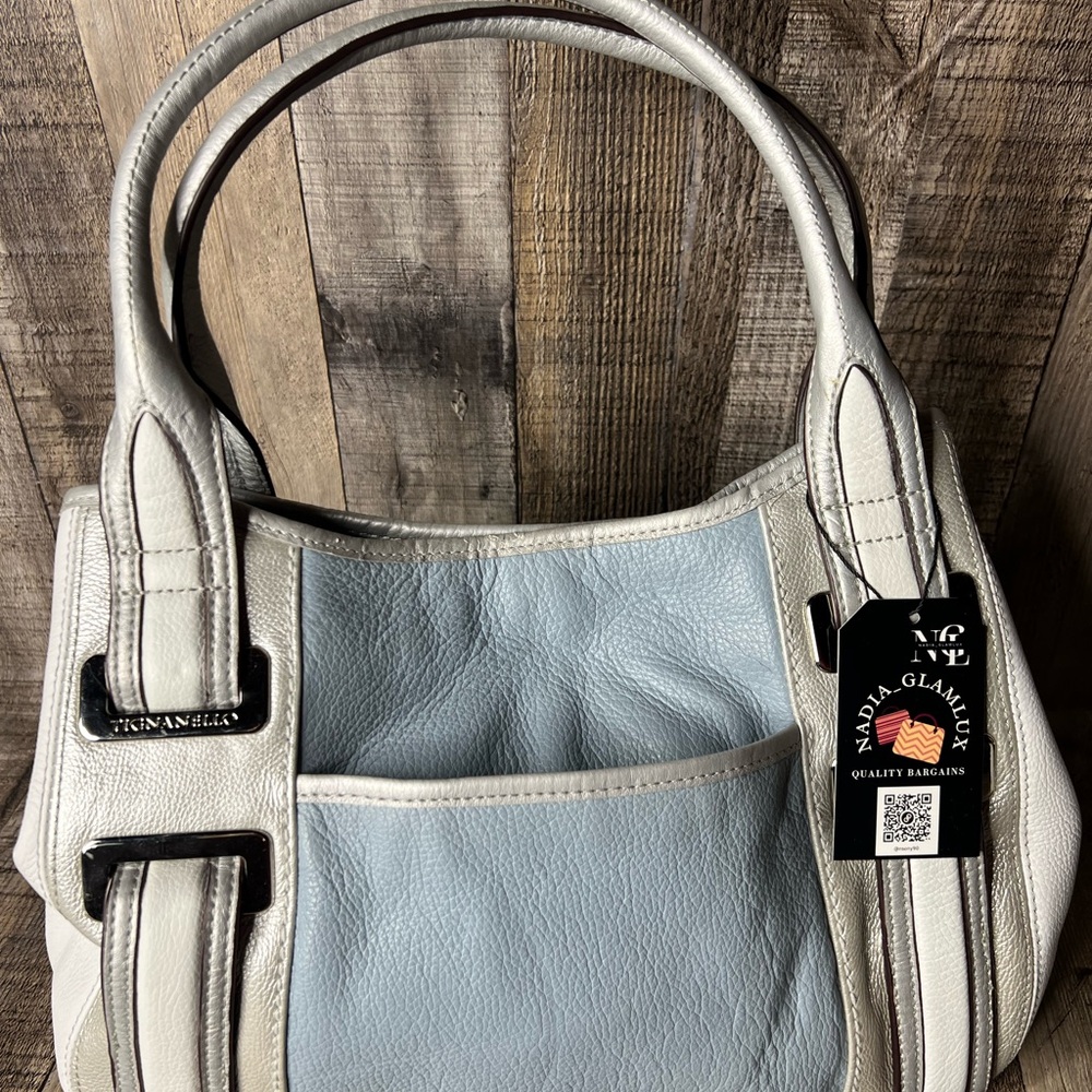 TIGNANELLO Silver Blue Colorblock Leather Satchel Shoulder Bag Belt Accents - Picture 5 of 16